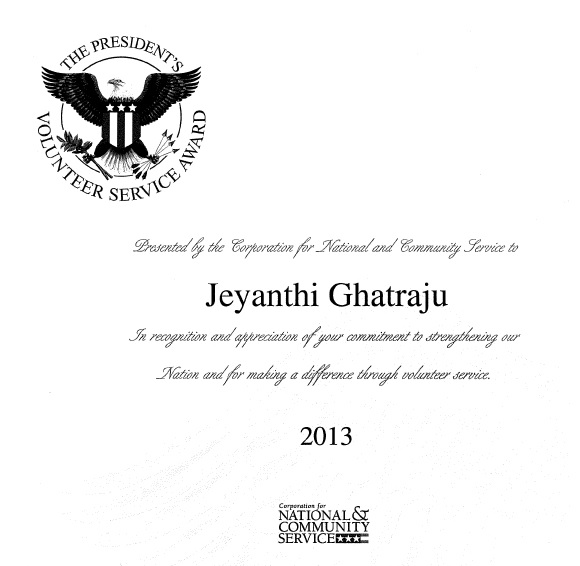 Jeyanthi Ghatraju Receives The US Presidential Service Award