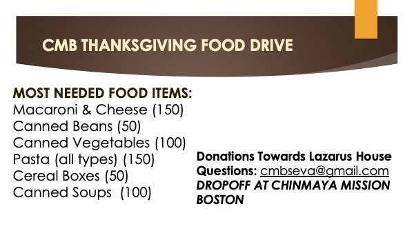 Chinmaya Mission Boston Thanksgiving Food Drive