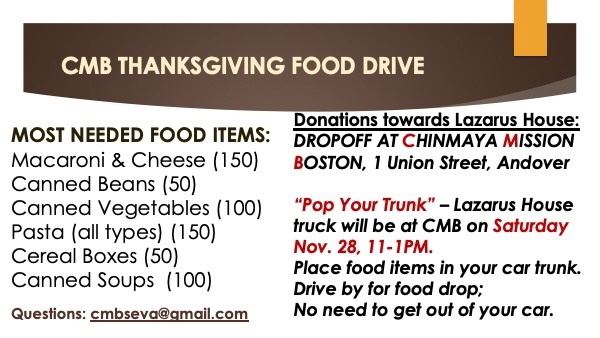 Chinmaya Mission Boston Thanksgiving Food Drive 