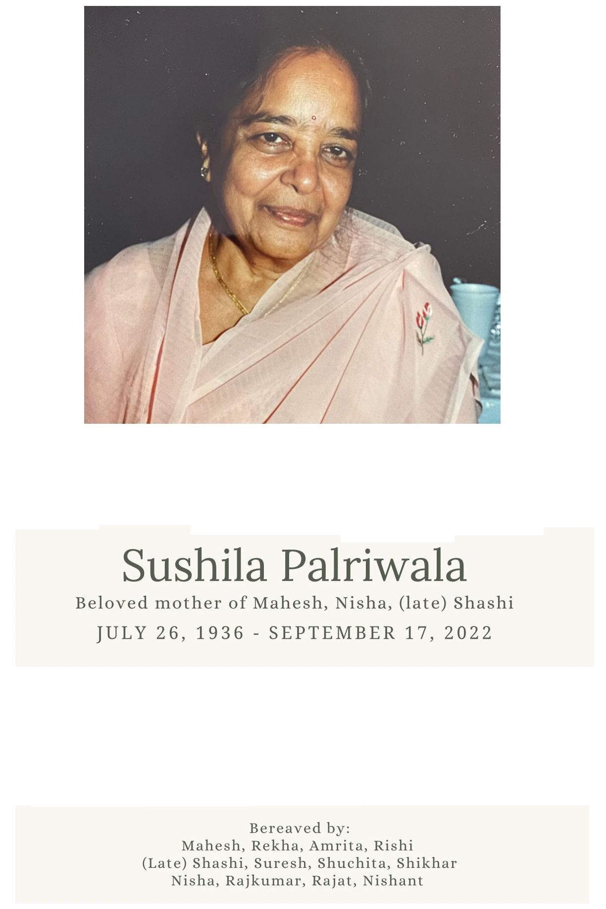 Obituary: Sushila Palriwala