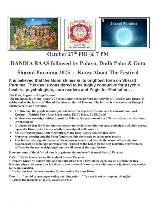 Satsang Center: Sharad Purnima, Dandia Raas & Rangaoli Competition