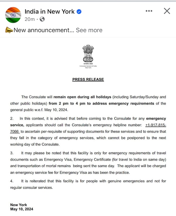 Indian Consulate In New York Launches 365-Day Emergency Services