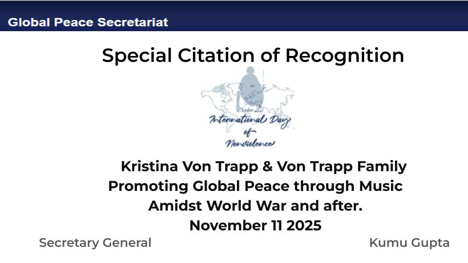Global Peace Secretariat Presents Von Trapp Family With Special Citation<br>On 60th Anniversary Of  Sound Of Music Movie 