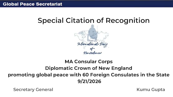 Global Peace Secretariat Awards Special Citation To MA Consular Corps For International Day Of Peace