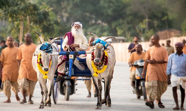 Sadhguru riding a bullock cart to Adiyogi