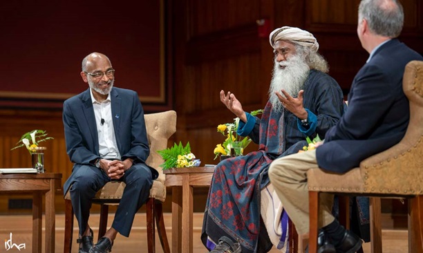 Prof. Emery N. Brown, Prof. Nicholas D. Schiff, and Sadhguru in conversation at Harvard University